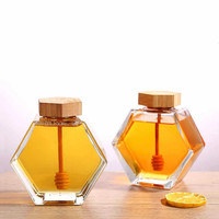 신상품 220ml/380ml 유리 꿀병 육각형 빈병 나무 뚜껑과 유리 꿀 젓는 막대 포함