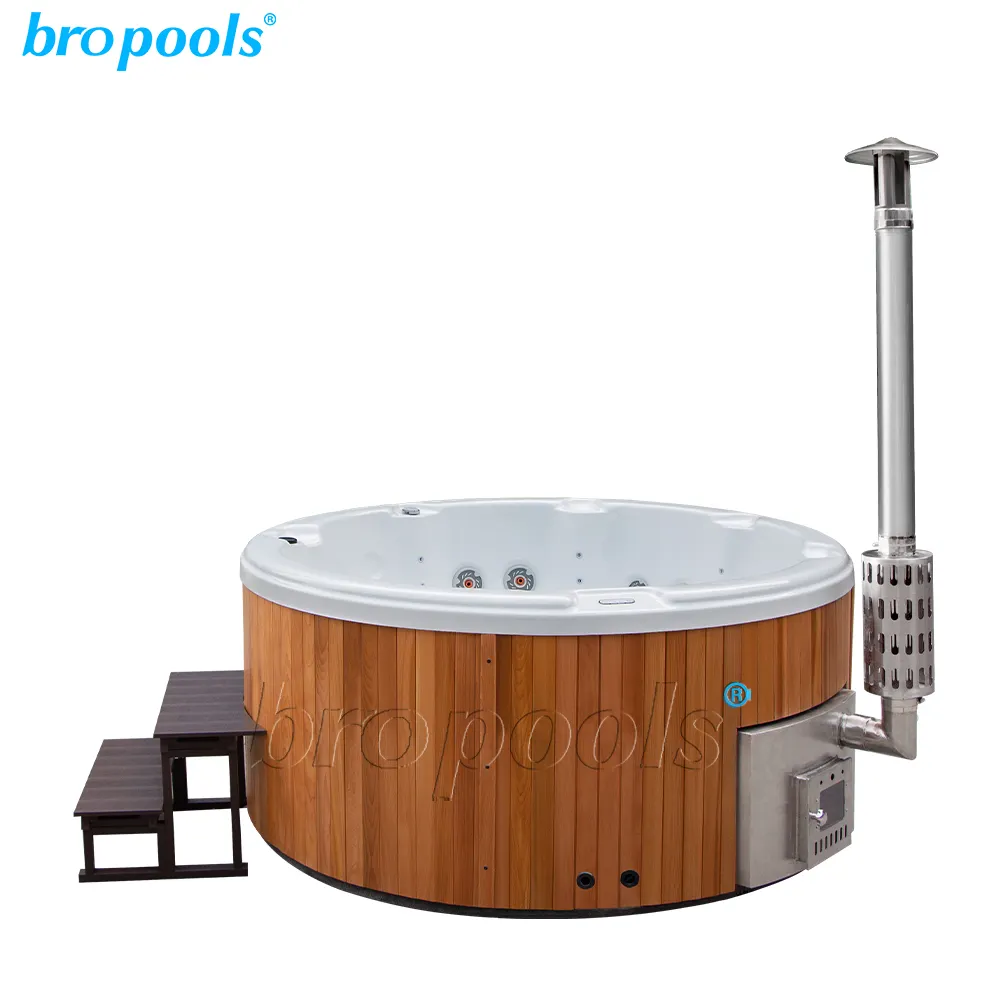 Nouveau design quatre personnes acrylique Bropool bain à remous avec massage et éclairage LED portable au feu de bois avec jupe en bois de cèdre