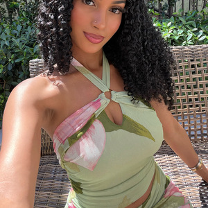 Conjunto de Vestido de Verano Fresco Estampado para <span class=keywords><strong>Mujer</strong></span>, Estilo Europeo y Americano, de Dos Piezas, con Cuello Cruzado y Espalda Descubierta, a la Moda, para Ocio y Playa - Product Image 4