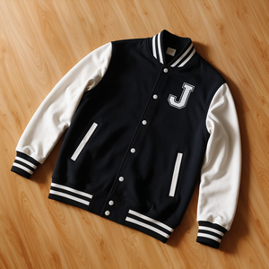 Blouson universitaire de baseball pour homme, noir et blanc, manches contrastées, broderie J, dos à cinq étoiles, style décontracté universitaire streetwear, nouvelle collection 2025 - Product Image 1