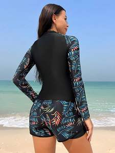 Traje de Baño Individual para Mujer, Dos Piezas, Camiseta de Manga Larga y Pantalones Cortos, Secado Rápido, Protección Solar UPF 50+ SPF - Product Image 3