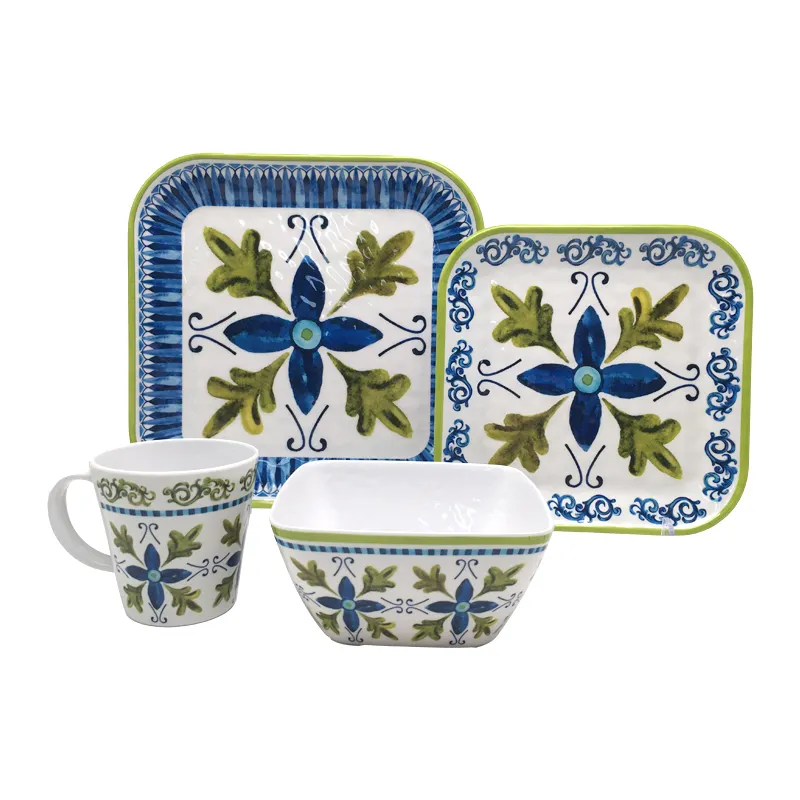 Assiettes et bols en mélamine personnalisés, vente en gros, assiettes et bols en mélamine, tasse carrée, ensemble de dîner en mélamine