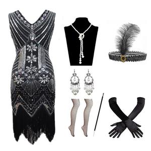 Robe à clapet rétro des années 20 1920 tenues Bandeau à clapet The Great Gatsby Robe <span class=keywords><strong>de</strong></span> soirée à paillettes et à franges pour femmes - Product Image 1