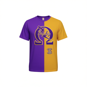 T-shirt personnalisé Omega Bruhz Greek Life en chenille brodée pour homme, design violet et or, décontracté, manches courtes, coton et polyester - Product Image 1