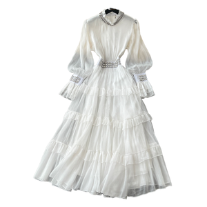 Abito Midi Casual da donna 2025 <span class=keywords><strong>con</strong></span> collo alto in stile romano manica svasata stile impero diamanti <span class=keywords><strong>con</strong></span> pizzo intrecciato traspirante <span class=keywords><strong>con</strong></span> tessuto frontale Logo - Product Image 2