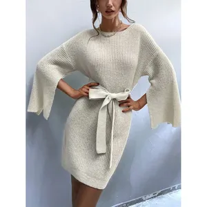 Dresses — robe pull en tricot à manches longues et col ras du cou pour femmes, robe-pull élégante au dos nu avec fente de ceinture, couleur unie, personnalisation