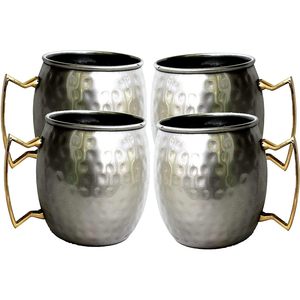 PARIJAT Handicraft Set 4 Stainless Steel Moscow Mule Mugs 16 Ounce <b>Insulated</b> Brass Handle Ceramic Coffee Beer <b>Cup</b> Brass-Handle - Product Image 3