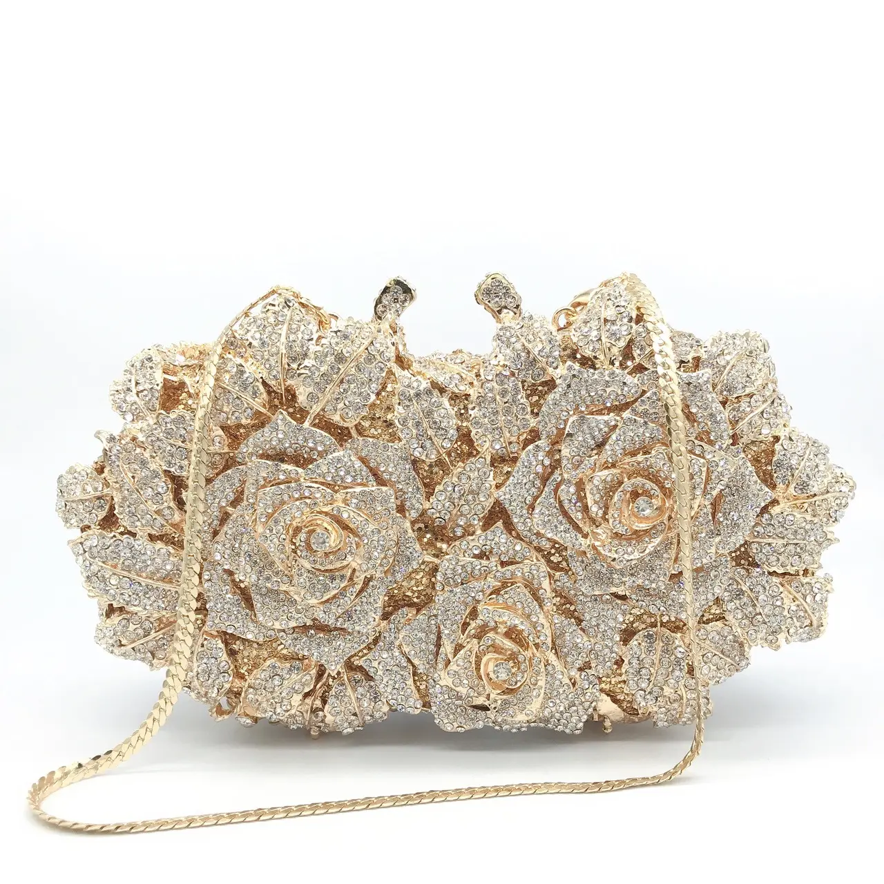 Luxury rose flower evening bling purses handbag handmade women metal clutch bag floral crystal clutch purse for women rhinestone