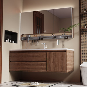 Mid-Century Walnut Wood Floating Bathroom <b>Vanity</b> Bathroom Cabinet with Smart LED <b>Mirror</b> Integrated Sink - Product Image 3