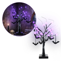 Arbre d'Halloween lumineux à LED avec décorations de chauves-souris, alimenté par piles, pour table, fête, maison hantée, festival intérieur, décoration intérieure