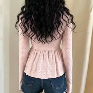 Top de manga larga con estampado de lunares y busto plisado, estilo dulce y femenino, top holgado en línea A, rejuvenecedor y versátil - Product Image 6