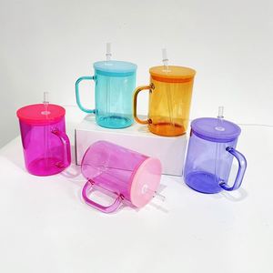 Us Warehouse <b>Bulk</b> 17Oz 17 Oz Jelly Candy Colored Clear Blank Sublimation Glass Coffee Mug With Handle and Plastic Lid - Product Image 1