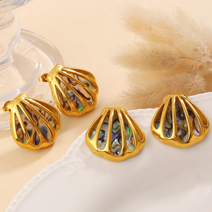 Ensemble de boucles d'oreilles et collier en forme de coquille, en acier inoxydable plaqué or 18 carats, bijoux de fête pour femmes - Product Image 3