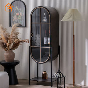 マンバホームアクセントヴィンテージレトロブラックアーチトールメタルキャビネット、棚とリビングルーム用ガラスドア付き - Product Image 3