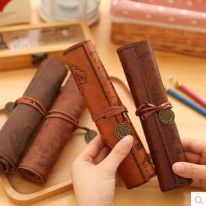 European Vintage Luxury Pu Leather Pen Bag Big Capacity Roll Pencil Case Retro Treasure <b>Map</b> High Quality Plastic - Product Image 2