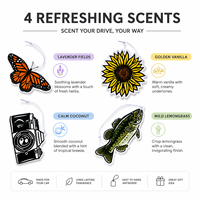 Désodorisant en papier personnalisé, parfumé, à suspendre, avec motifs découpés variés (papillon, tournesol, appareil photo, poisson) et carte d'identification