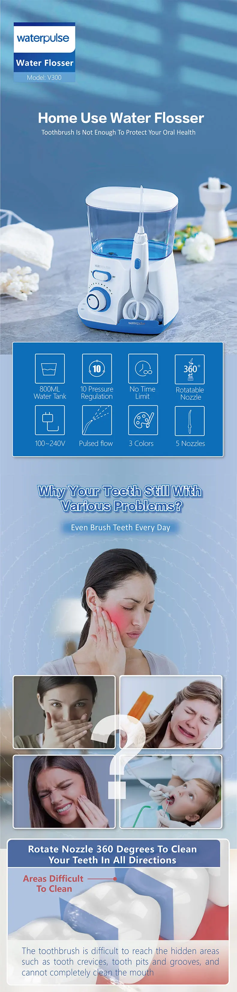 Waterpulse Home Use V300 Dental Water Flosser Oral Cleaning Irrigator For Teeth SPA CE FCC Certificate