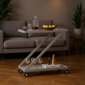 Carrito de bar para servir bebidas, diseño minimalista de metal con ruedas y dos niveles - Product Image 2