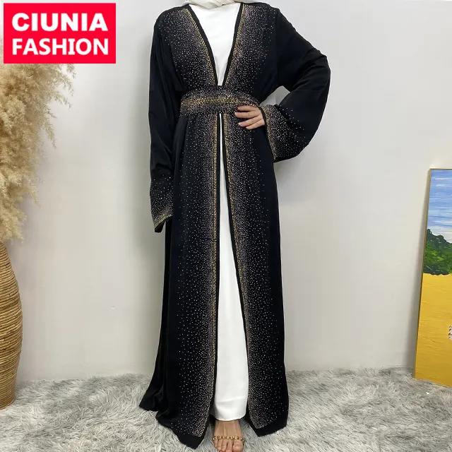 2010 # Eid luxe étincelle diamant ouvert Abaya avec ceinture en diamant avec poches latérales Nida matériel populaire femmes strass Abaya