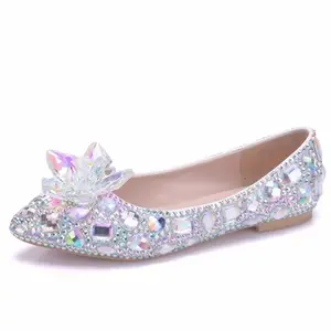 Sepatu Datar Ujung Lancip Berlian Imitasi, SEPATU Tunggal Bunga Kristal Warna Mewah, Sepatu Hak Datar Pernikahan S