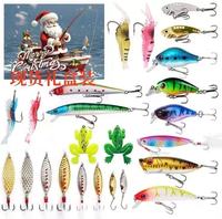 24 leurres souples en forme de crayon, plaques métalliques et paillettes, 403g, assortiment de pêche en boîte surprise de Noël, cadeau pour divers poissons et animaux aquatiques, en plastique