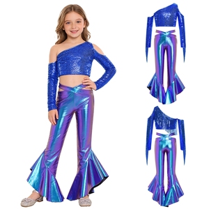 Conjunto Brillante para Niñas de 6 a 16 Años, Top Corto y Pantalones Metálicos con Volantes y Campana, para Baile, Actuaciones y Salidas Casuales - Product Image 4