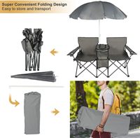 Chaise de camping pliable double en acier allié avec parasol, table pliante, porte-boissons, glacière et sac de transport – Portable pour terrasse