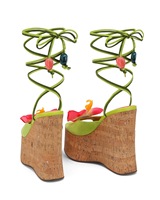 Escarpins imprimés en bois pour femmes, talons compensés hauts, sandales à fleurs colorées, chaussures à plateforme épaisse à lanières croisées à la cheville