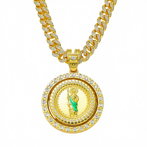 Оптовая продажа: кулон «Святой» в стиле хип-хоп, инкрустированный кристаллами, на кубинской цепи, двухцветное покрытие (золото/серебро), ювелирные изделия в стиле стритвир для мужчин - Product Image 1
