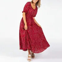 Robe élégante à manches longues et col en V, coupe ajustée, en polyester rouge, pour le printemps, emballage personnalisé en gros, prête à être expédiée