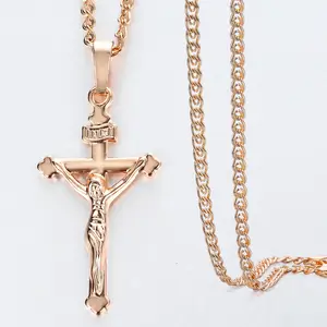 Collana con croce di gesù religioso di nuovo arrivo collana con ciondolo crocifisso in oro rosa per regalo di gioielli di moda per uomo donna