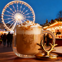 Vente en gros de tasses à souhaits de Noël de 340 ml, en verre borosilicate à double paroi, en forme de bois de cerf dorés, avec couvercle sans BPA, anti-fuite