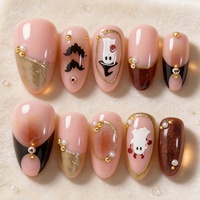 Lot de 30 faux ongles 3D courts en amande à presser, motif perle fantôme, pointes françaises plaquées or, art des ongles artisanal pour Halloween