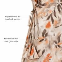 Nouvelle arrivée Robe longue ample à col en V, imprimé floral, manches longues, poignets contrastés, ceinture à nouer à la taille |   Abaya musulmane quotidienne, robe islamique modeste