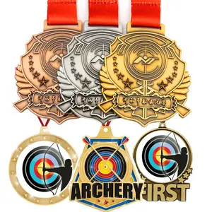 Manufacturer Custom Archery Shooting Club Award Medal Metal Zinc Alloy Customized Soccer Medal Sport Folk Art Ribbon Medal