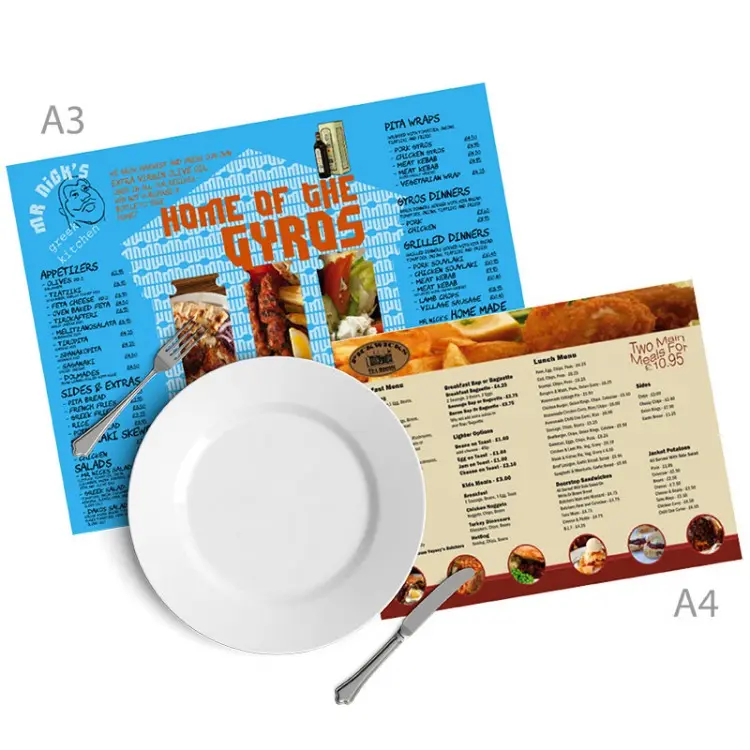 Personalizzato stampato usa e getta riciclato Cafe Catering Menu Fast Food ristorante tavolo da pranzo piatto tappetino pad vassoio tovaglietta di carta