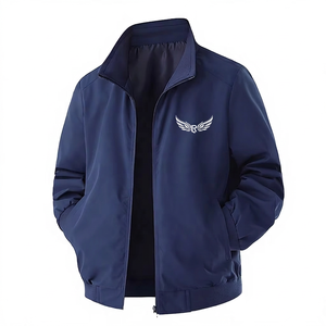 Men's Navy Blue Fleece <b>Jacket</b> Zipper Stand Collar Casual Windproof Autumn Wear Regular Fit Solid Color - Product Image 1