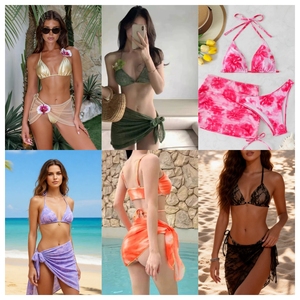 Factory Supply Women 3 Piece Bikini Set Bandeau Top Tie Side Bottom Floral Print Ruched Stretch <b>Swimwear</b> With <b>Skirt</b> - Product Image 3