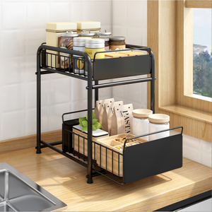 Kitchen under sink shelf under counter tiered spice storage bathroom storage rack telescopic sliding drawer cabinet