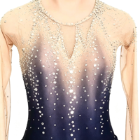 Robe de patinage artistique à manches longues dégradé bleu marine avec dos découpé et strass pour performance de danse sur glace pour enfants