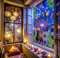 Festival des Lumières Deepavali : Joyeux Diwali, Lanternes Paon et Ganesha, Diya, Rangoli, Autocollants Muraux et de Fenêtre, Décorations et Symboles Hindous