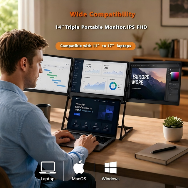Multi-task Office Triple Laptop Screen Extender 14 Inch 1200P IPS Portable Monitor Type C Built-in Speaker