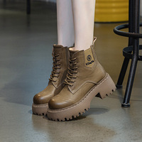 Harga Menarik Tren Fashion Musim Panas Gugur Sepatu Boots Wanita Sol Tebal Hak Tebal Pendek Lapisan Atas Kulit Sapi Model Big Head