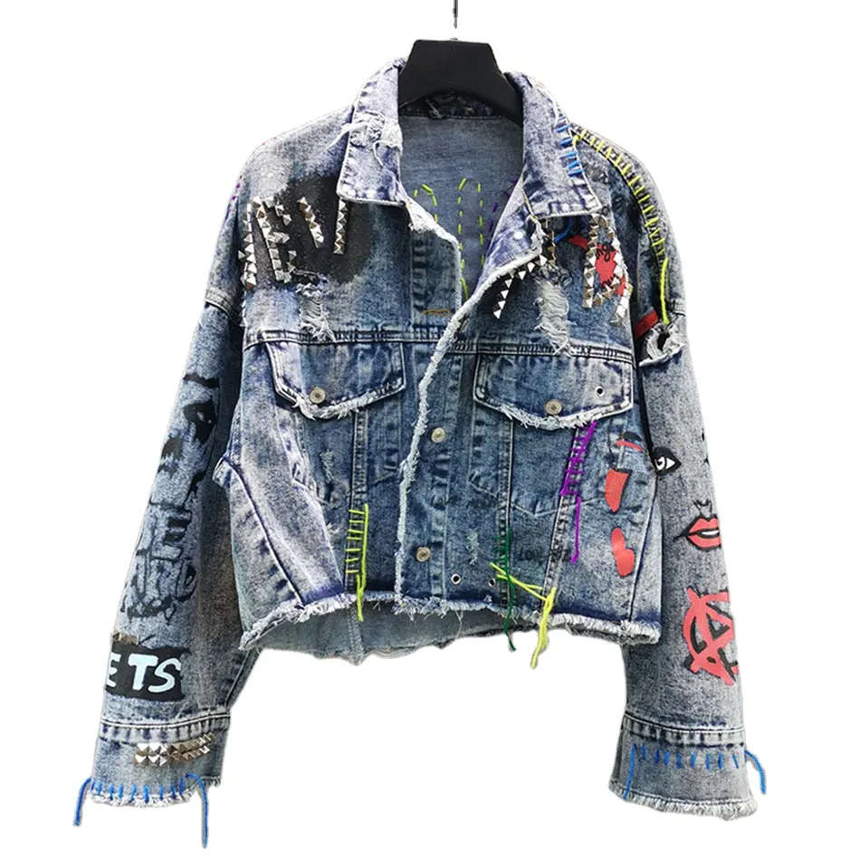 Denim Jacket Female Blue Rivet Graffiti Print Coat Single-Breasted Women Jeans Coat 2022 Fashion New Clothing