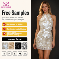 Robe Mini Personnalisée pour Femme à Paillettes, Col Halter, Dos Nu, Moulante, avec Bordure en Dentelle, pour Soirée et Cérémonie, Vente en Gros