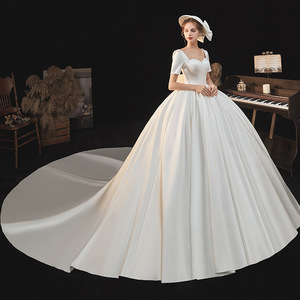 Satin Wedding Dress Ball Gown Sweetheart Neckline Natural Waistline Simple Elegant With Train For Petite Women - Product Image 4