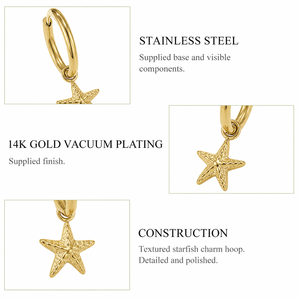Pendientes de Aro con Forma de Estrella de Mar, Acero Inoxidable, Chapado en Oro de 14K al Vacío, Aros con Dijes de Estrella de Mar Texturizados - Product Image 2