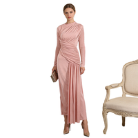 Robe longue décontractée marron unie asymétrique froncée à manches longues et fente haute en maille, style modeste, pour l'automne et les soirées - ZYHT 74133
