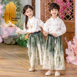 Vêtements de culture chinoise Hanfu pour enfants, costume ancien de style chinois, chemise bleue teinte à l'encre DZZ, pour garçons de maternelle et d'école primaire - Product Image 2