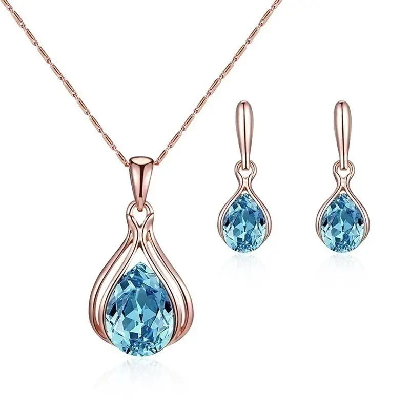 Wholesale Fashion Women's Blue Green Water Drop Necklace Earrings Set Jewelry Accesorios Para Mujer
